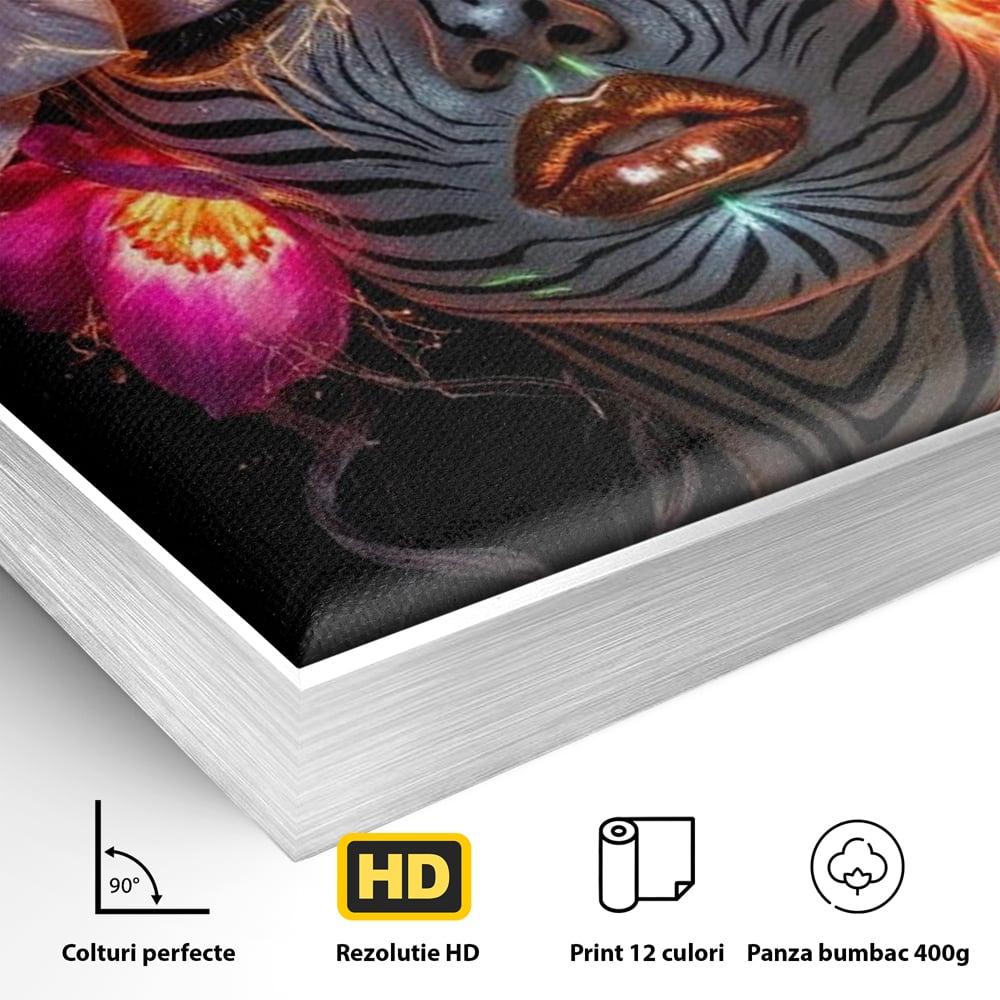 Detaliu al suprafetei: tablou canvas cu femeie si flori neon, in rama de aluminiu argintiu